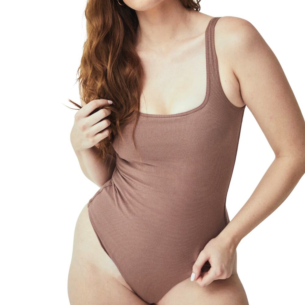 Klassy Network Bamboo Square Neck Tank Bramisuit Bodysuit Brown Sz XXXL